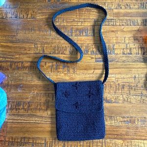 Crocheted black Crossbody with beaded embellishments on front lined inside GUD
